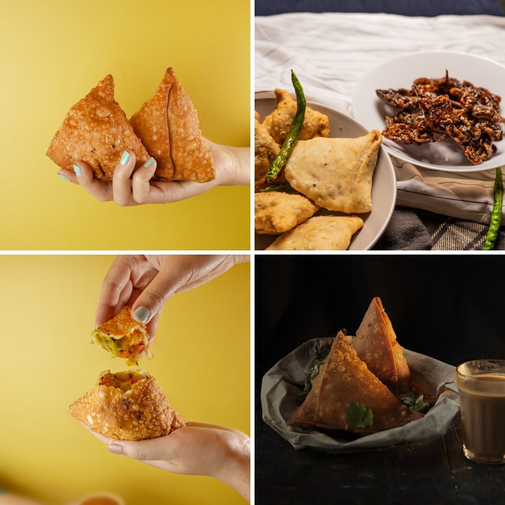 Collage of freshly made Indian samosas and chaat snacks