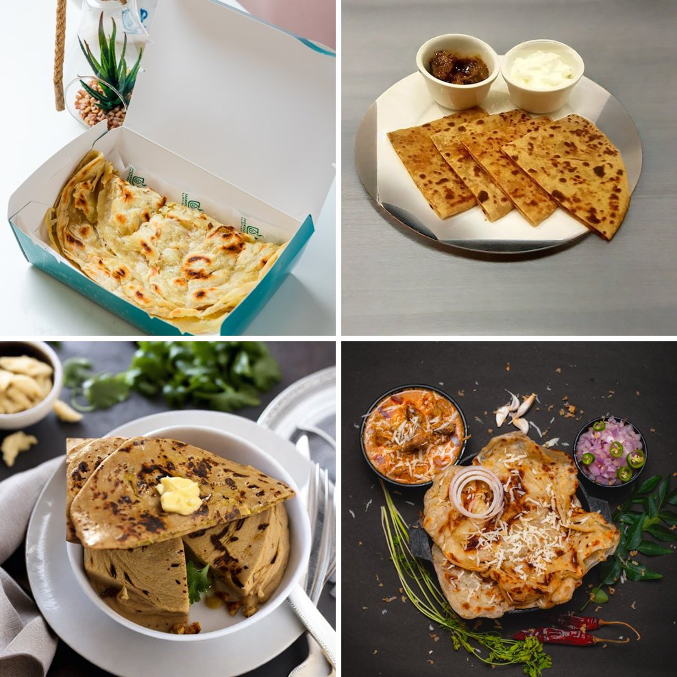 Collage of Indian frozen parathas, naan, and ready foods