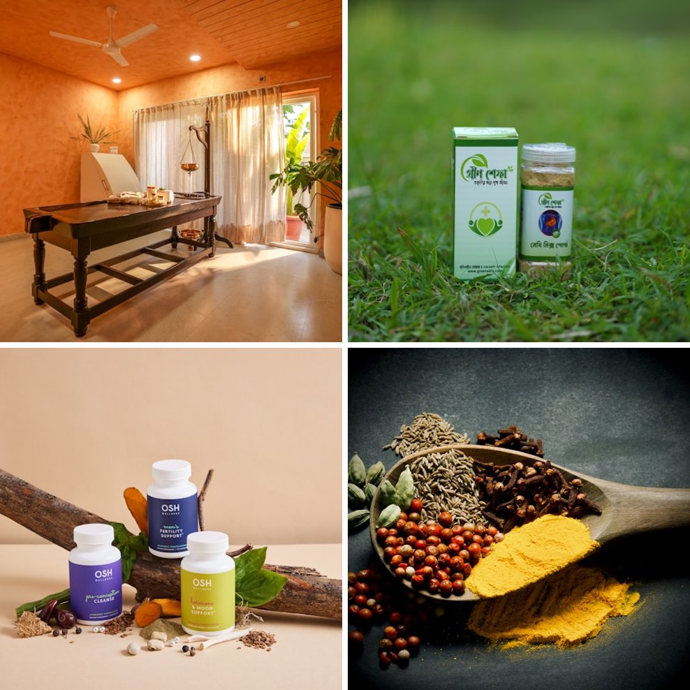 Collage of ayurvedic and wellness products