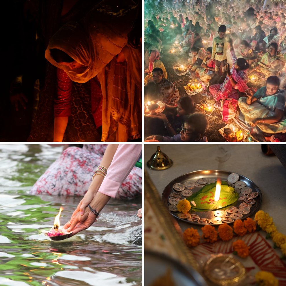Collage of diyas and pooja worship items