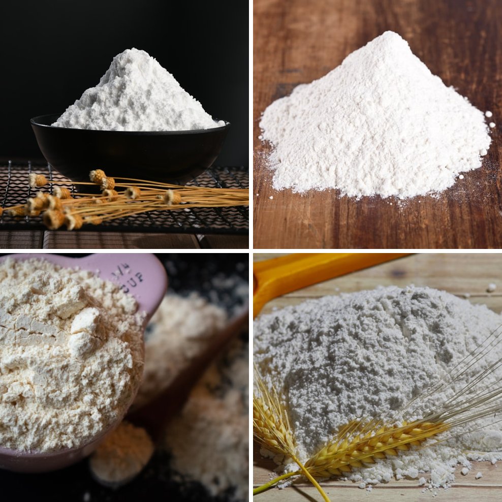 Collage of basmati rice, atta, and flour