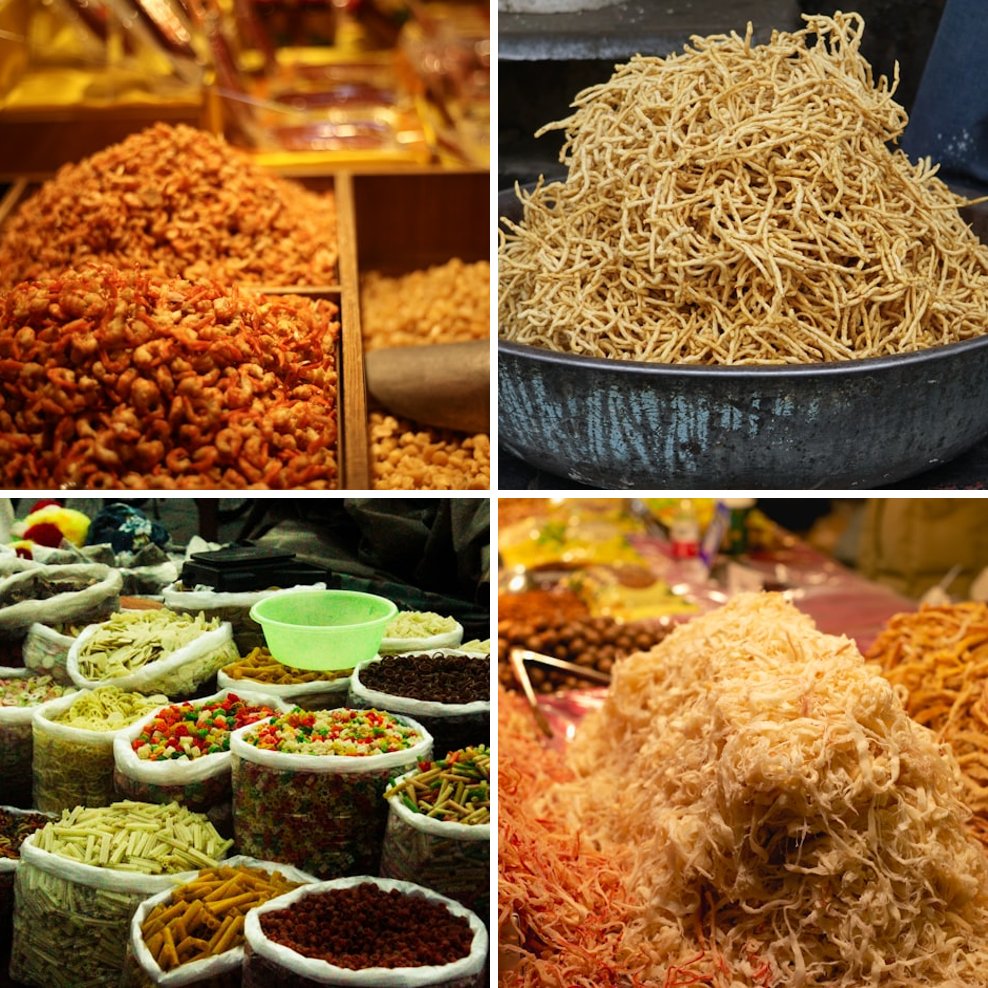 Collage of crispy Indian namkeen, sev, and farsan snacks