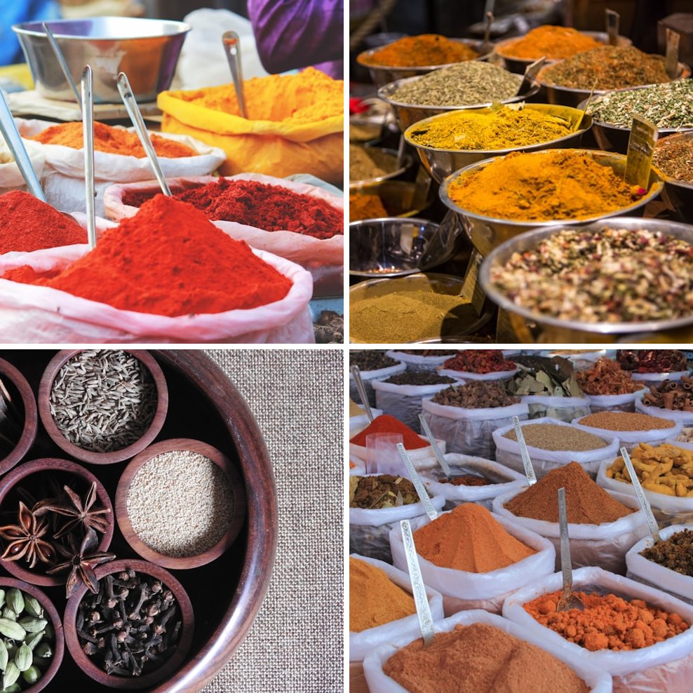 Collage of colorful Indian spices and masalas in bowls