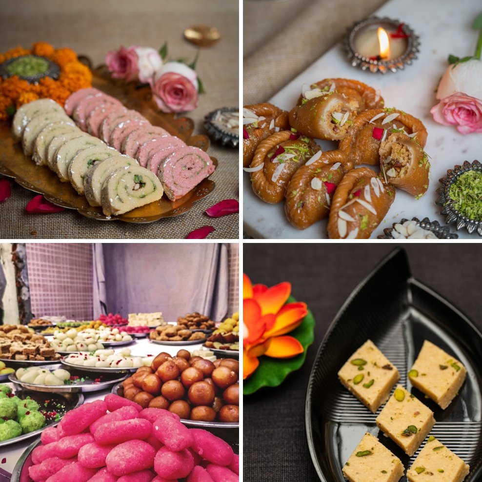 Collage of fresh Indian mithai, barfi, and jalebi